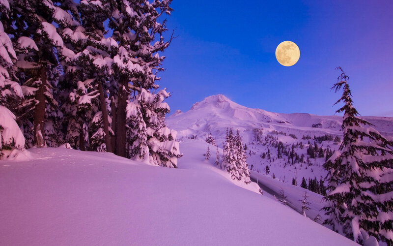 Snow-covered Mountain Landscape — Purple, Serene, Night, Photograph, Moon