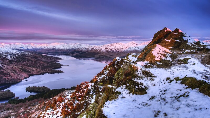 Snow-covered Mountain Landscape — Purple, Serene, Sunset