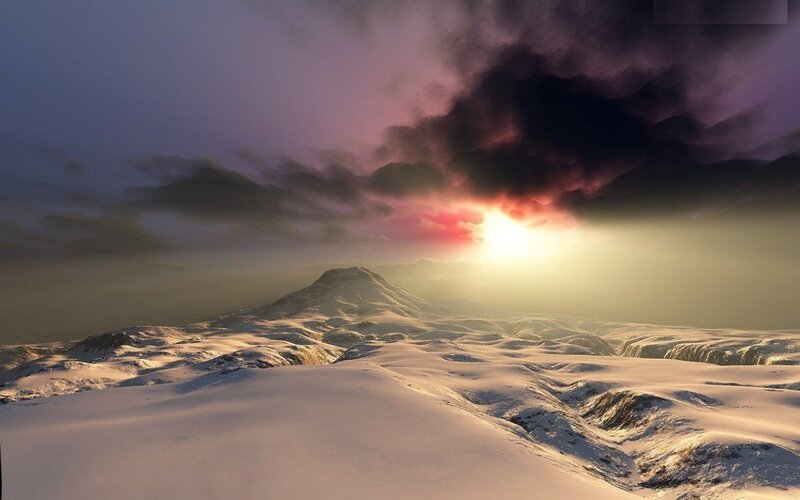 Snow-covered Mountain Landscape — White, Dramatic, Sunset