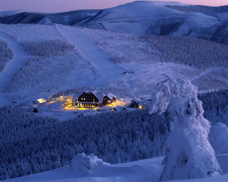Snow-covered Mountain Lodge — Blue, Serene