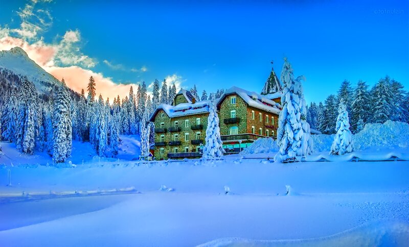 Snow-covered Mountain Lodge — Blue