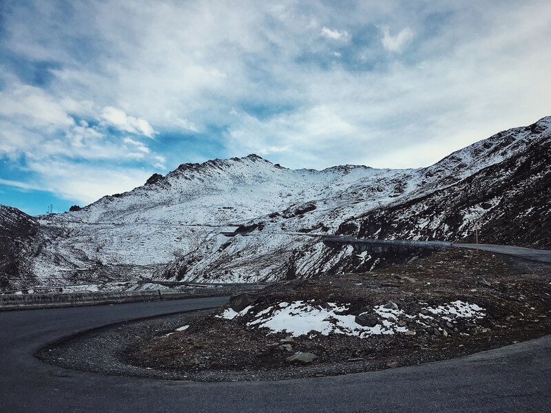 Snow-covered Mountain Pass — Blue, Dramatic