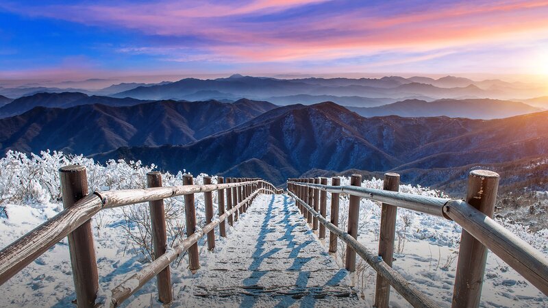Snow-covered Mountain Path — Blue, Serene, Sunset