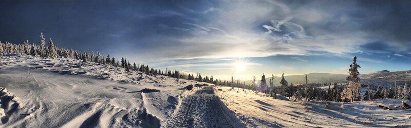 Snow-covered Mountain Path — White, Serene, Sunset