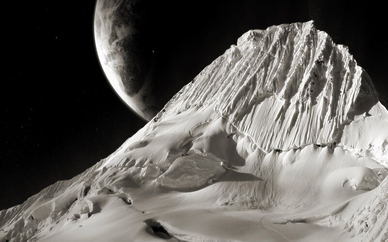 Snow-covered Mountain Peak — Black, Dramatic, Night, Digital Art, Planet, Stars