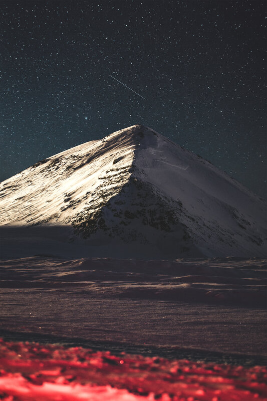 Snow-covered Mountain Peak — Black, Dramatic, Night, Photograph, Stars