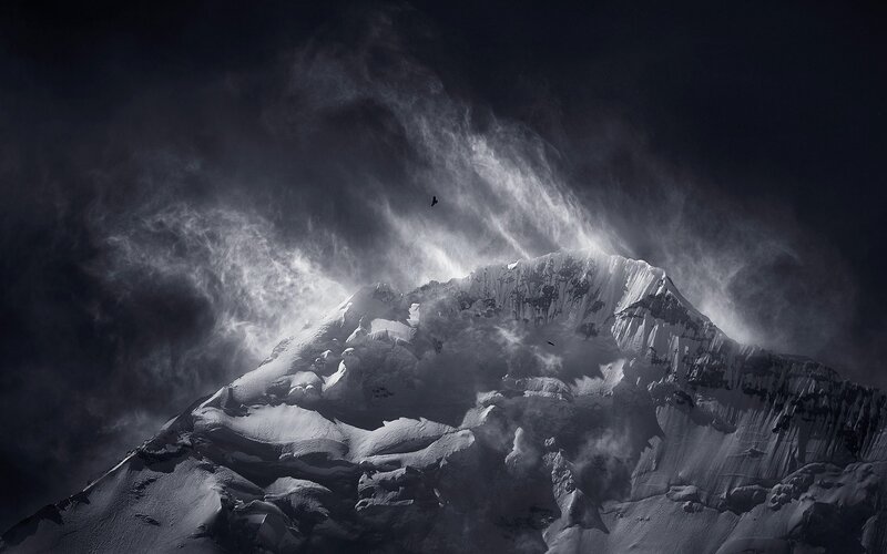 Snow-covered Mountain Peak — Black, Dramatic, Night, Photograph