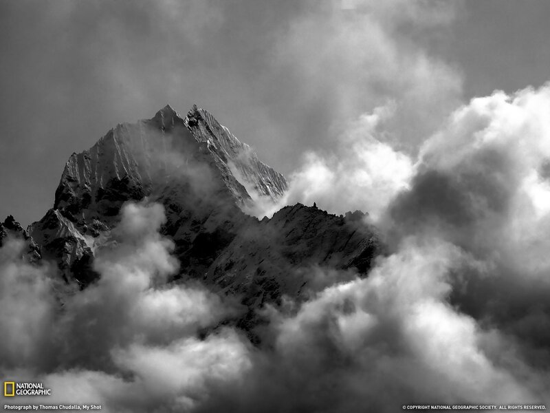 Snow-covered Mountain Peak — Black, Dramatic, Photograph, Clouds, Sky