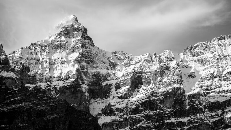 Snow-covered Mountain Peak — Black, Dramatic, Photograph, Snow, Clouds