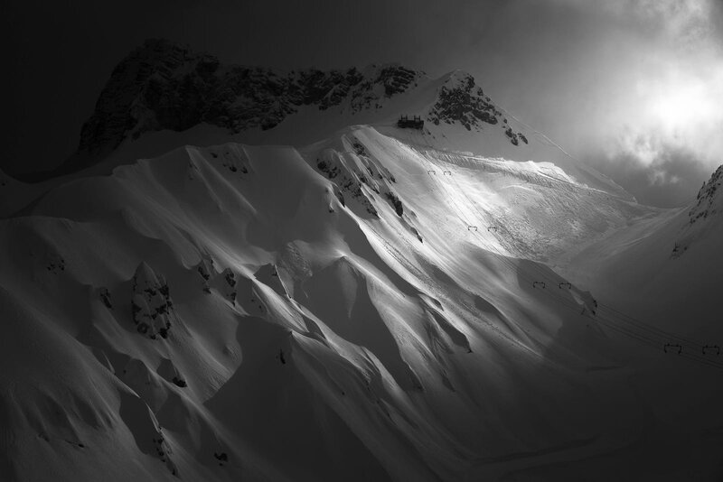 Snow-covered Mountain Peak — Black, Dramatic, Winter, Photograph, Ski Lift