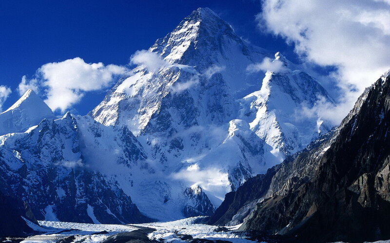 Snow-covered Mountain Peak — Blue, Dramatic, Afternoon, Photograph, Clouds, Glacier, Rock