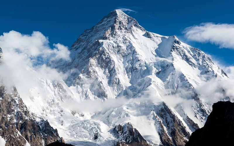 Snow-covered Mountain Peak — Blue, Dramatic, Afternoon, Photograph, Clouds, Sky