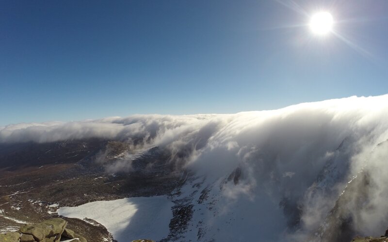 Snow-covered Mountain Peak — Blue, Dramatic, Afternoon, Photograph, Clouds, Sun, Valley