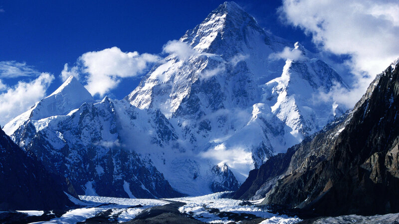 Snow-covered Mountain Peak — Blue, Dramatic, Afternoon, Photograph, Glacier, Clouds