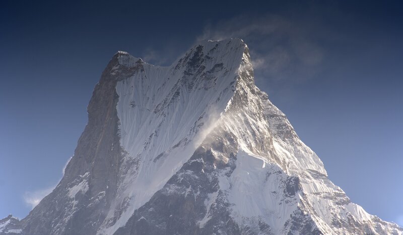 Snow-covered Mountain Peak — Blue, Dramatic, Afternoon, Photograph, Sky, Clouds