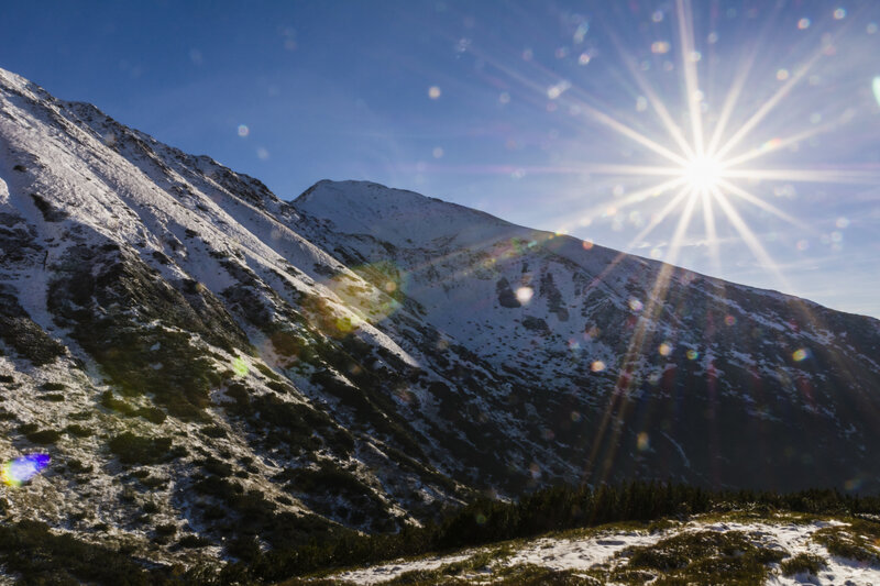 Snow-covered Mountain Peak — Blue, Dramatic, Afternoon, Photograph, Sun, Sky