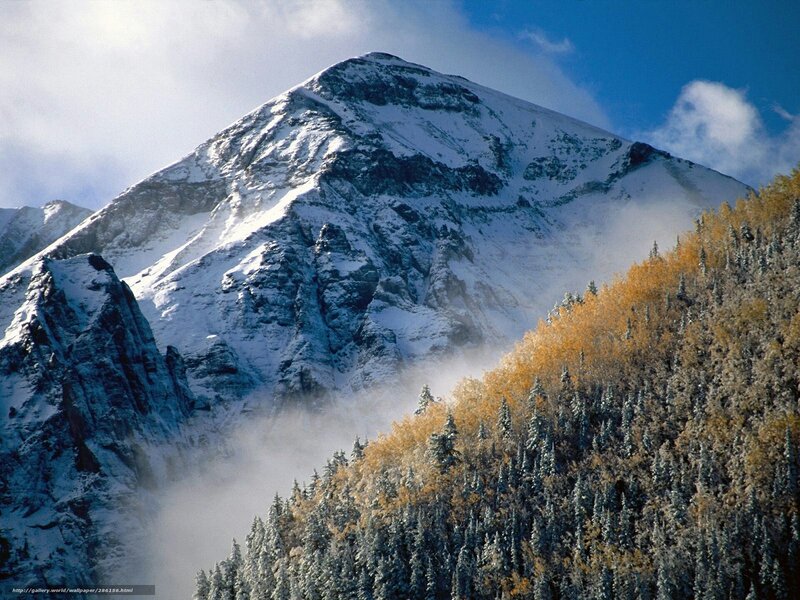 Snow-covered Mountain Peak — Blue, Dramatic, Autumn, Photograph, Forest