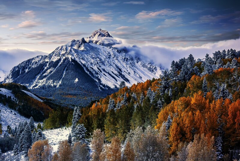 Snow-covered Mountain Peak — Blue, Dramatic, Autumn, Photograph