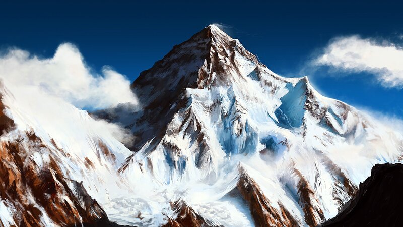 Snow-covered Mountain Peak — Blue, Dramatic, Digital Art, Clouds