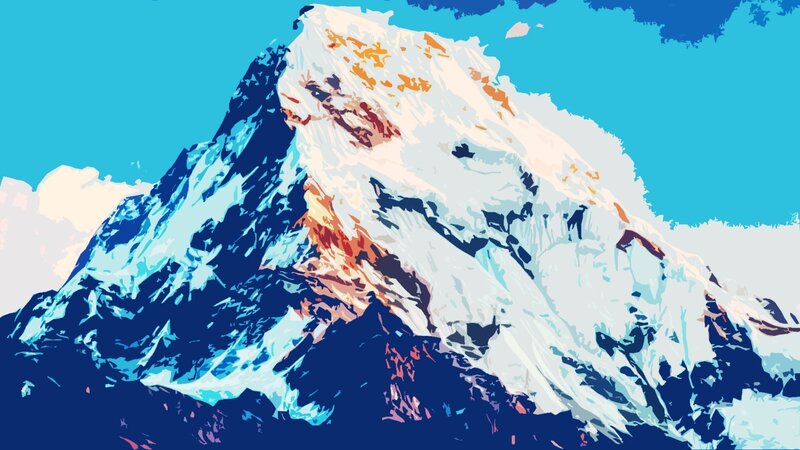 Snow-covered Mountain Peak — Blue, Dramatic, Digital Art, Sky, Clouds