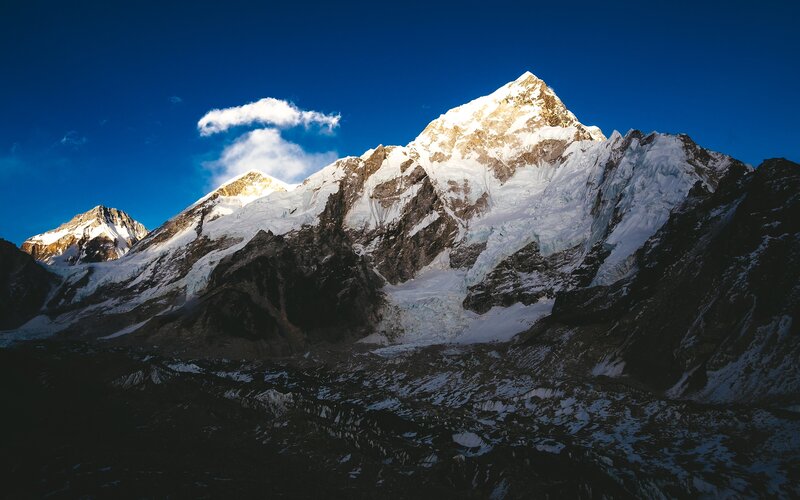 Snow-covered Mountain Peak — Blue, Dramatic, Morning, Photograph, Cloud