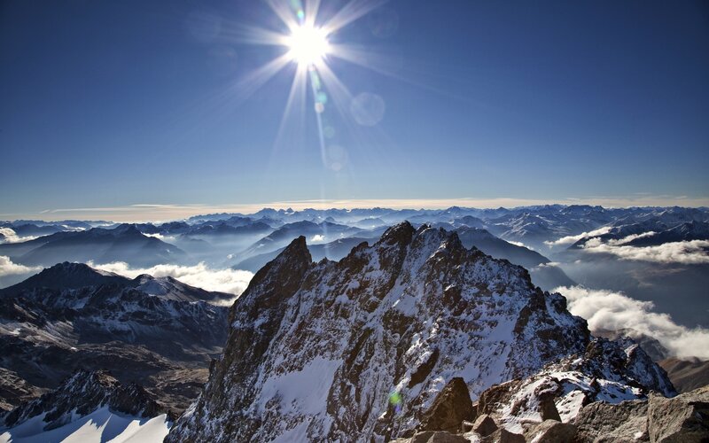 Snow-covered Mountain Peak — Blue, Dramatic, Morning, Photograph, Sun, Clouds