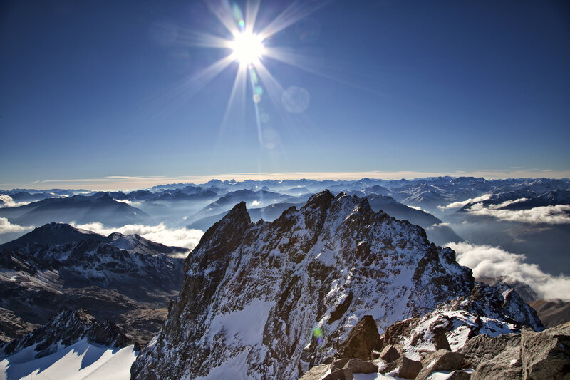 Snow-covered Mountain Peak — Blue, Dramatic, Morning, Photograph, Sun