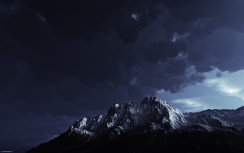Snow-covered Mountain Peak — Blue, Dramatic, Night, Digital Art, Clouds, Sky