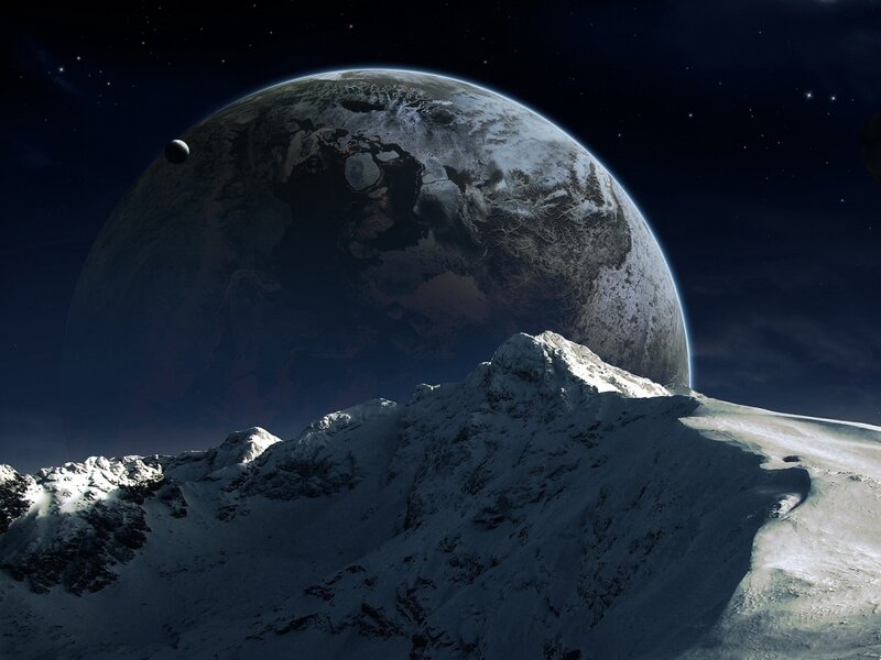 Snow-covered Mountain Peak — Blue, Dramatic, Night, Digital Art, Planet