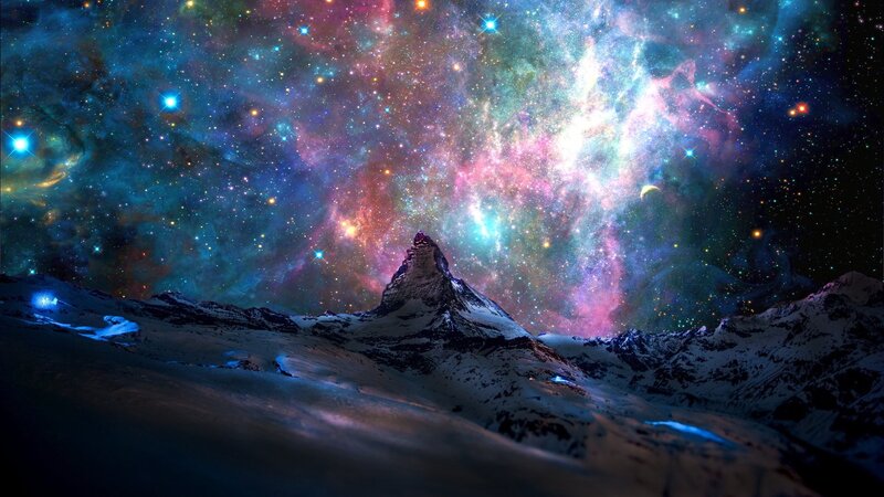 Snow-covered Mountain Peak — Blue, Dramatic, Night, Digital Art, Stars