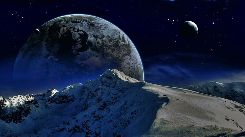 Snow-covered Mountain Peak — Blue, Dramatic, Night, Digital Art