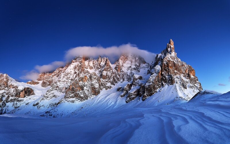 Snow-covered Mountain Peak — Blue, Dramatic, Night, Photograph, Clouds, Mountains