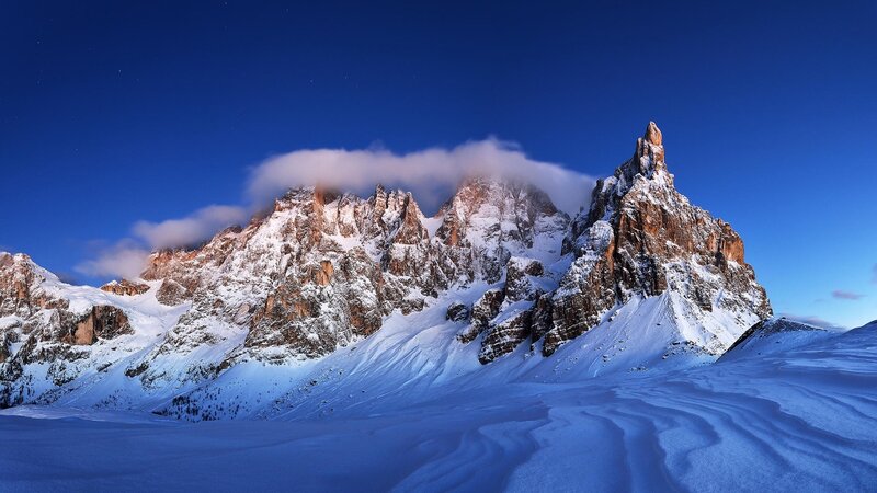 Snow-covered Mountain Peak — Blue, Dramatic, Night, Photograph, Clouds, Stars