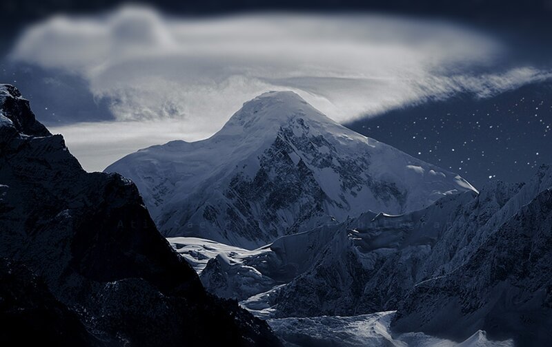 Snow-covered Mountain Peak — Blue, Dramatic, Night, Photograph, Clouds