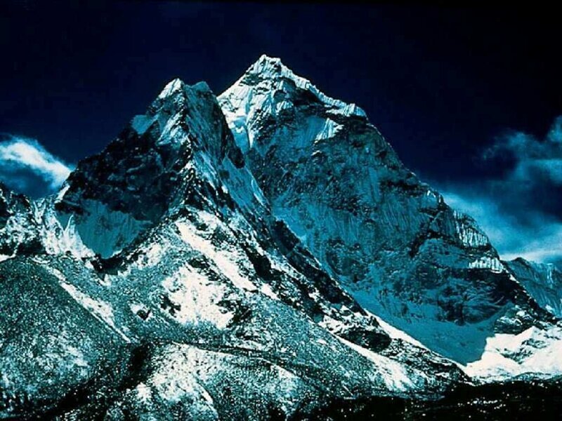 Snow-covered Mountain Peak — Blue, Dramatic, Night, Photograph, Clouds, White