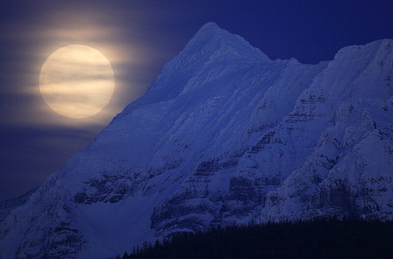 Snow-covered Mountain Peak — Blue, Dramatic, Night, Photograph, Full Moon