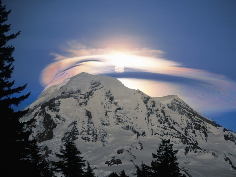 Snow-covered Mountain Peak — Blue, Dramatic, Night, Photograph, Moon