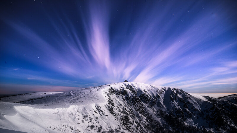 Snow-covered Mountain Peak — Blue, Dramatic, Night, Photograph, Sky