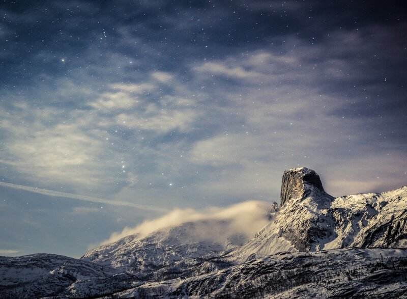 Snow-covered Mountain Peak — Blue, Dramatic, Night, Photograph, Stars