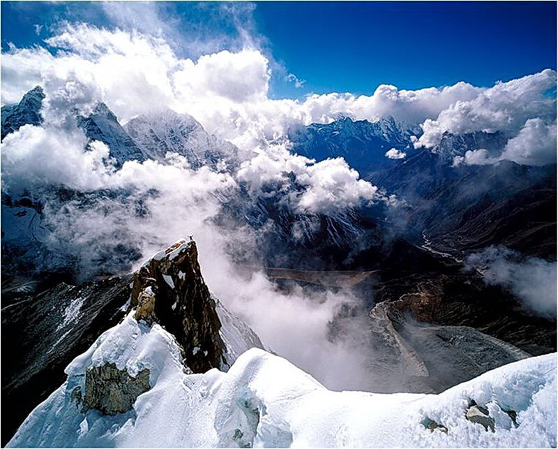 Snow-covered Mountain Peak — Blue, Dramatic, Photograph, Clouds, Mountains