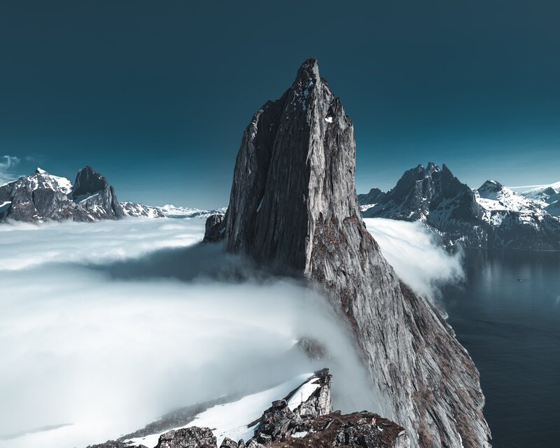 Snow-covered Mountain Peak — Blue, Dramatic, Photograph, Clouds, Sea