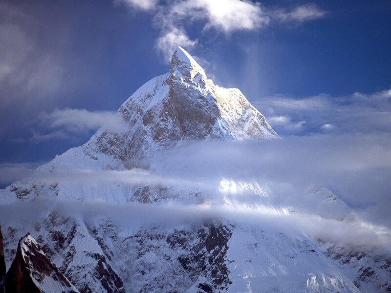 Snow-covered Mountain Peak — Blue, Dramatic, Photograph, Clouds, Sky, White, Gray