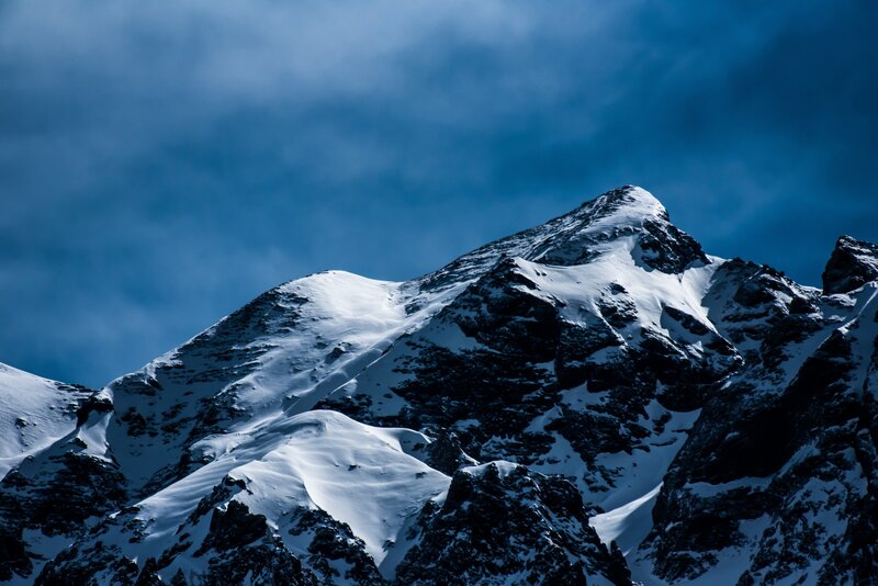 Snow-covered Mountain Peak — Blue, Dramatic, Photograph, Snow, Sky