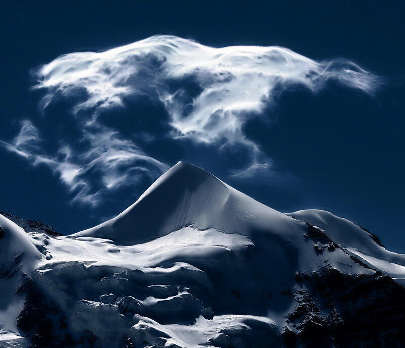 Snow-covered Mountain Peak — Blue, Dramatic, Photograph
