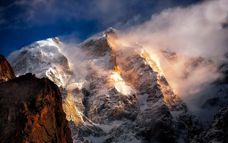Snow-covered Mountain Peak — Blue, Dramatic, Sunrise, Photograph, Clouds, Rock