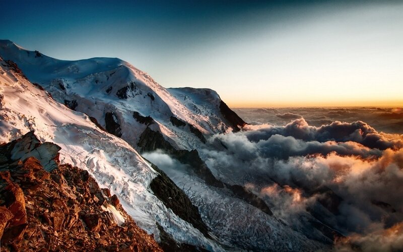 Snow-covered Mountain Peak — Blue, Dramatic, Sunrise, Photograph, Clouds, Sky, Rocks