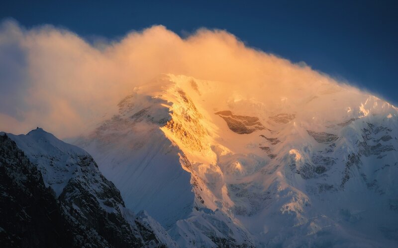 Snow-covered Mountain Peak — Blue, Dramatic, Sunrise, Photograph, Clouds, Sky