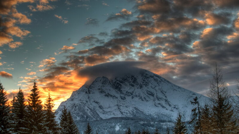 Snow-covered Mountain Peak — Blue, Dramatic, Sunrise, Photograph, Clouds, Trees