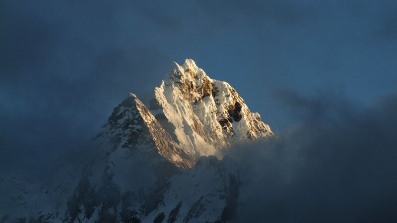 Snow-covered Mountain Peak — Blue, Dramatic, Sunrise, Photograph, Clouds, White