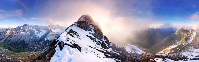 Snow-covered Mountain Peak — Blue, Dramatic, Sunrise, Photograph, Mountains, Clouds